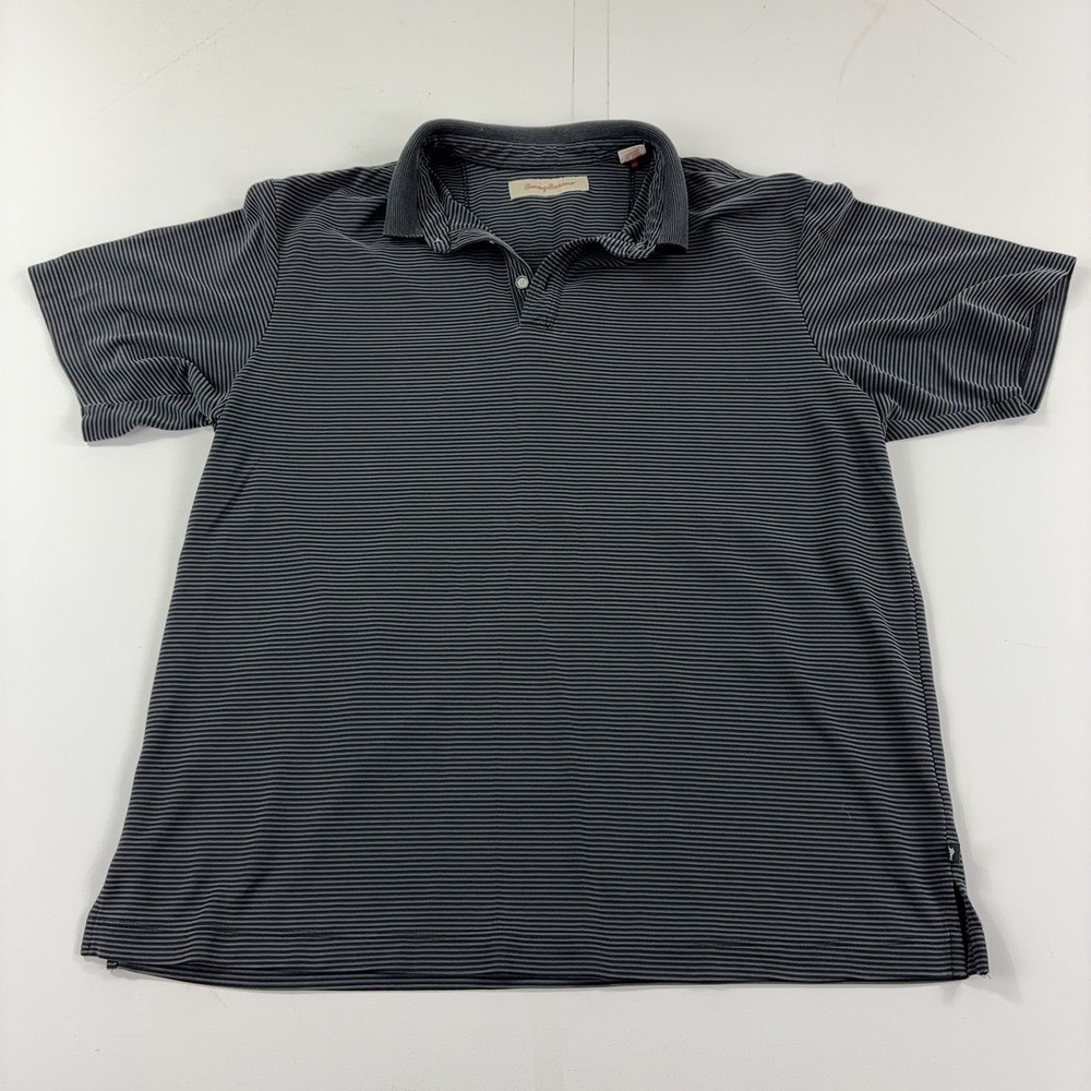 Tommy Bahama Polo Shirt Mens L Gray Striped Modal Knit Short Sleeve Logo
